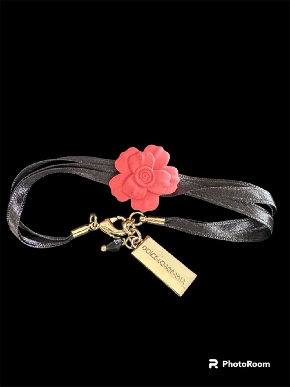 Dolce & Gabbana Black Ribbon Bracelet with Coral Flower and Gold Tag